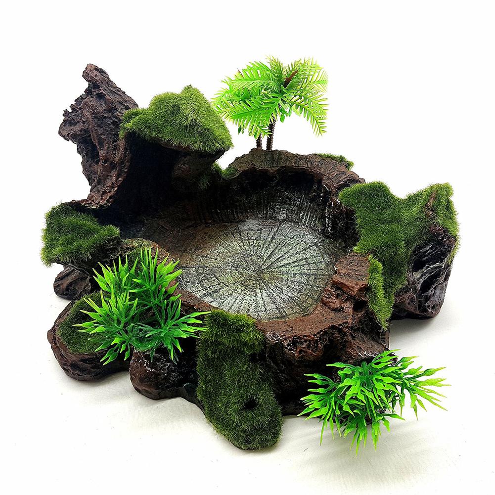 Reptile Food Feeding Bowl Water Dish Artificial Tree Trunk Moss Decor For Turtle Lizard Gecko Snake