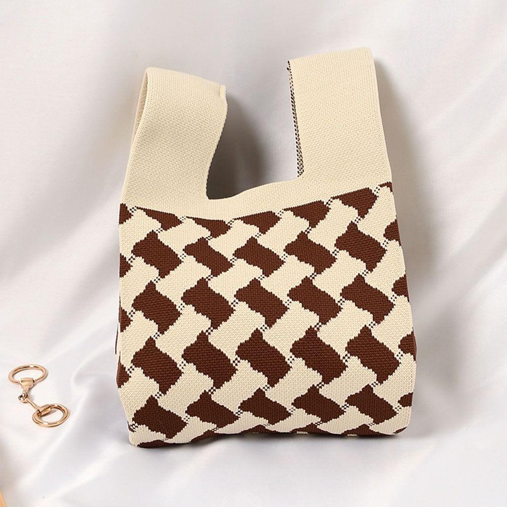 Plaid Mini Women Girls Casual Shopping Bags Knit Tote Bag Handmade Knot Wrist Bag
