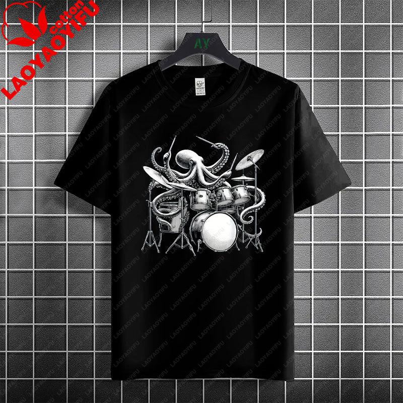 Rock Music Skeleton Drummer  Rock on Drum Kit Graphic Tshirt 100Cotton Short Sleeve Round Neck Humor Style Casual Tshirt
