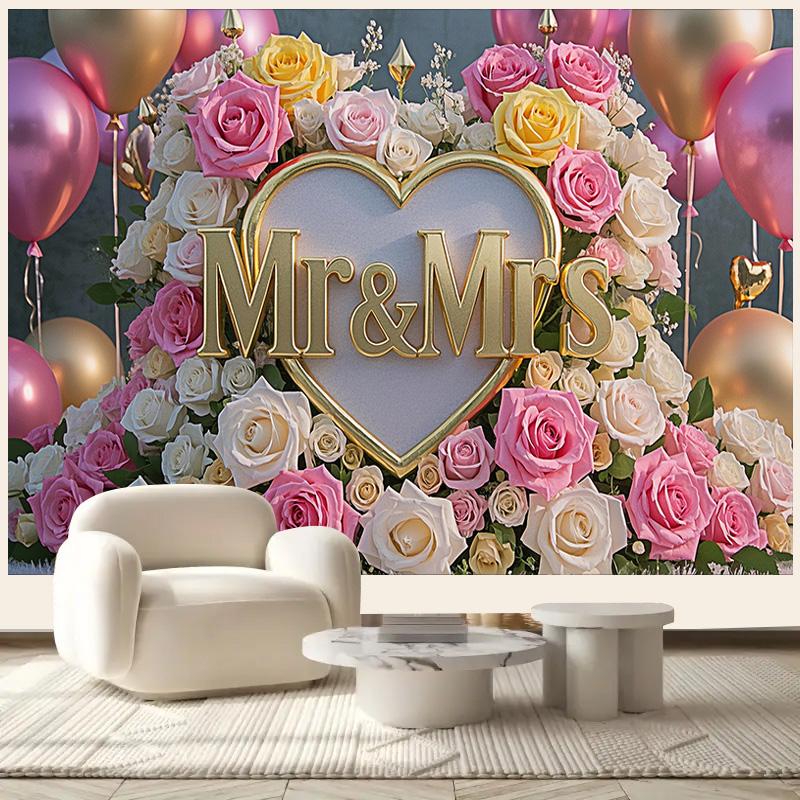 1pc Backdrop with Heart-Shaped Floral Design,Pink&Golden Theme,for Photo Booths,Anniversaries,Weddings,and Festive Decorations,Indoors and Outdoors