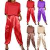 2 pezzi/set donna top pantaloni tuta raso superficie liscia mezze maniche scollo a V maglietta larga allacciatura pantaloni di colore puro con tasche signora casual tuta pantalone