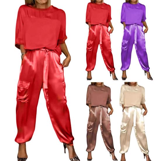 2 pezzi/set donna top pantaloni tuta raso superficie liscia mezze maniche scollo a V maglietta larga allacciatura pantaloni di colore puro con tasche signora casual tuta pantalone