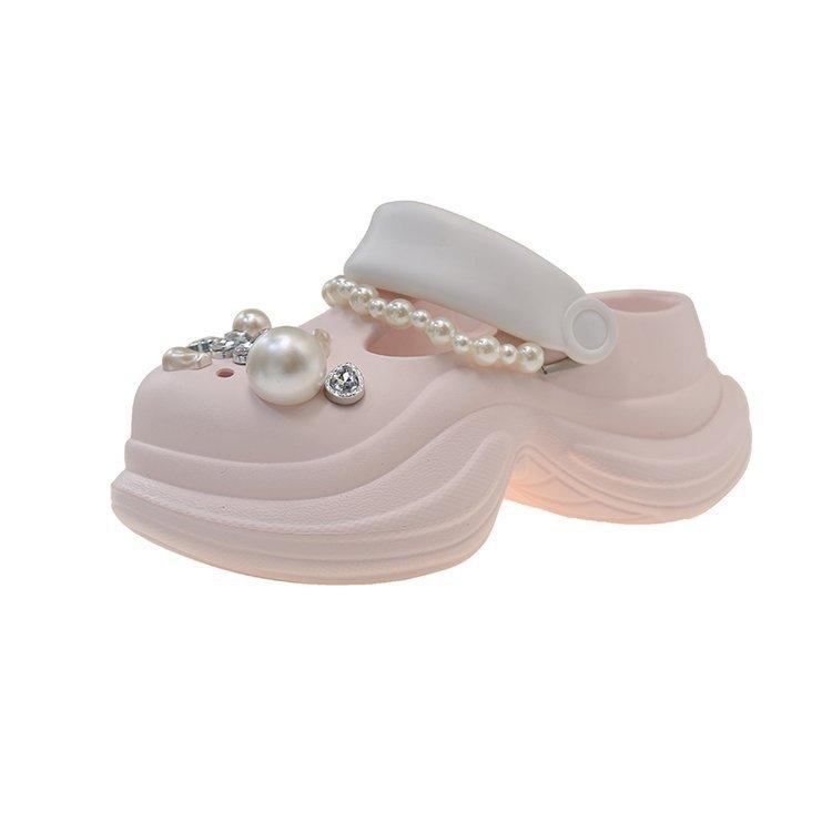 Thick-soled heightening hole shoes for women's outer wear 2025 summer new non-slip rhinestone pearl beach shoes cool slippers for women