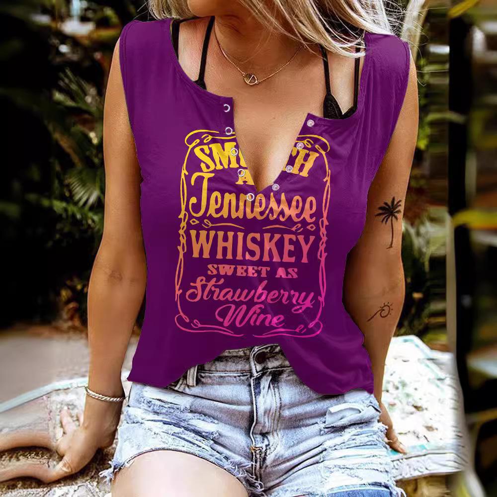 Zabawne T-shirty damskie bez rękawów z nadrukiem literowym i kolorowym dekoltem w serek