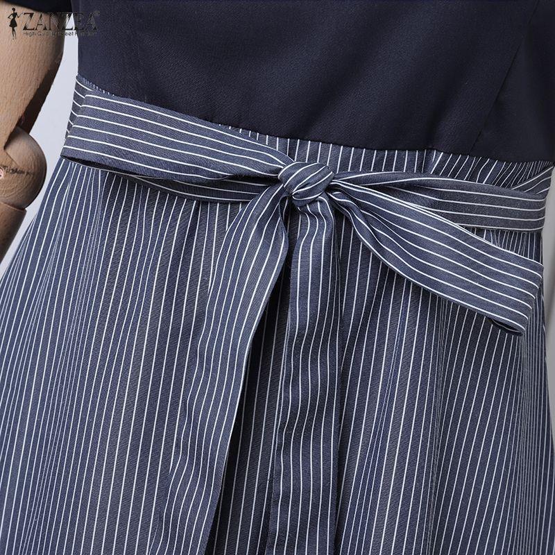 ZANZEA Women Casual Round Neck Short Sleeve Stripe Splice Dress