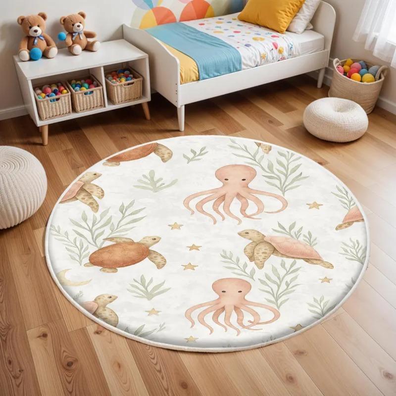 Playful Ocean Circle Rug White Carpet with Orange Turtles Octopus Gold Stars Cheerful Underwater Mat for Kids Room Nursery Decor