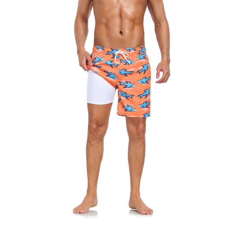Men's Double-Layer Printed Beach Shorts Drawstring Swim Trunks