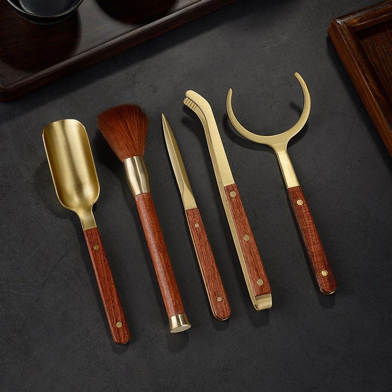 Brass Wood Tea Tool Set Gongfu Ceremony Tongs Scoop Knife Fork Brush
