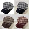 Vintage Brown Plaid Octagonal Hat For Women Winter Warm Fashion Cap