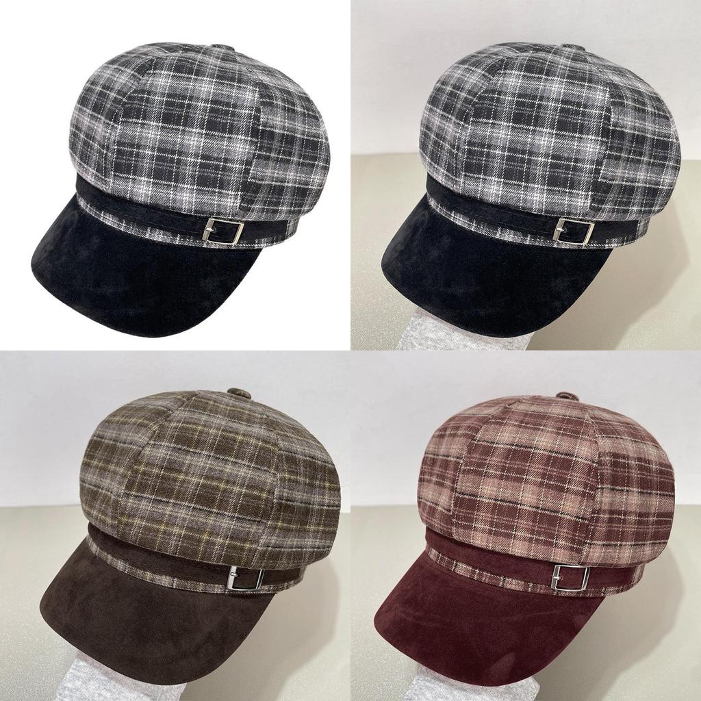 Vintage Brown Plaid Octagonal Hat For Women Winter Warm Fashion Cap