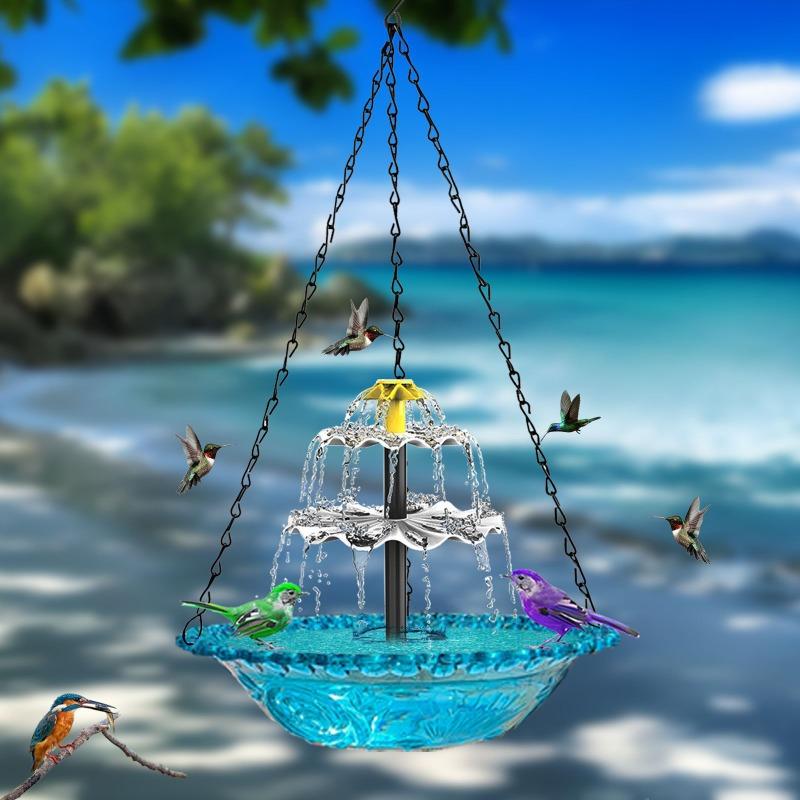 Hängende Solar-Vogeltränke mit Brunnen für den Außenbereich, zweistufiges Wasserspiel mit Futtertablett für Kolibris, ideales dekoratives Ornament für Garten, Teich, Terrasse, Hof blue