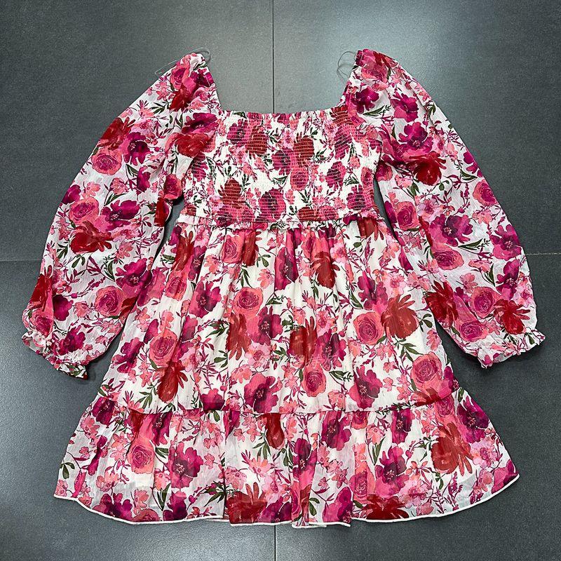 

Export Single Large Rose Pure Original Chiffon Smocking Square Collar Dress Large Flower Holiday Dress Skirt Red Flower Dress XL