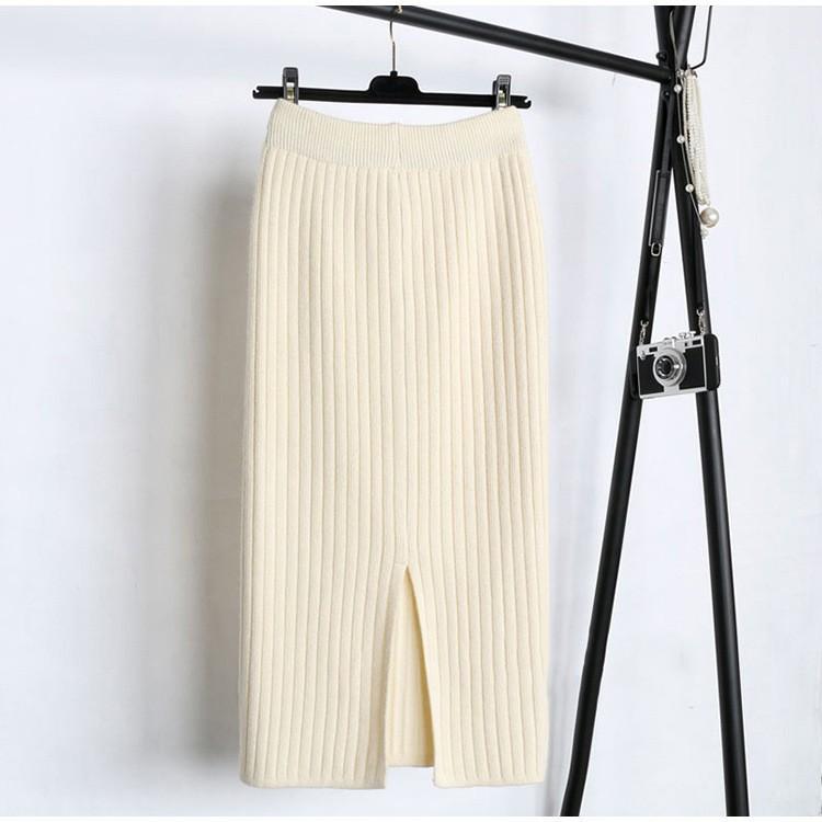 Elastic Women Skirts Autumn Winter Warm Knitted Straight Skirt Ribbed Mid-Long Skirt