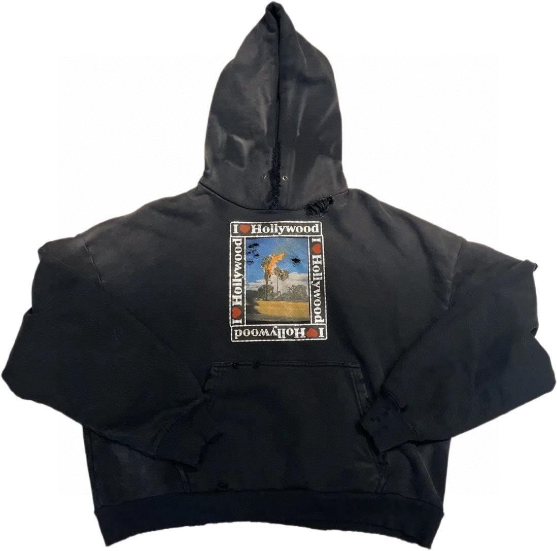 

Hollywood Theme Black Hoodie - Unisex Trendy Autumn/Winter Distressed Loose-Fit Medium чорний