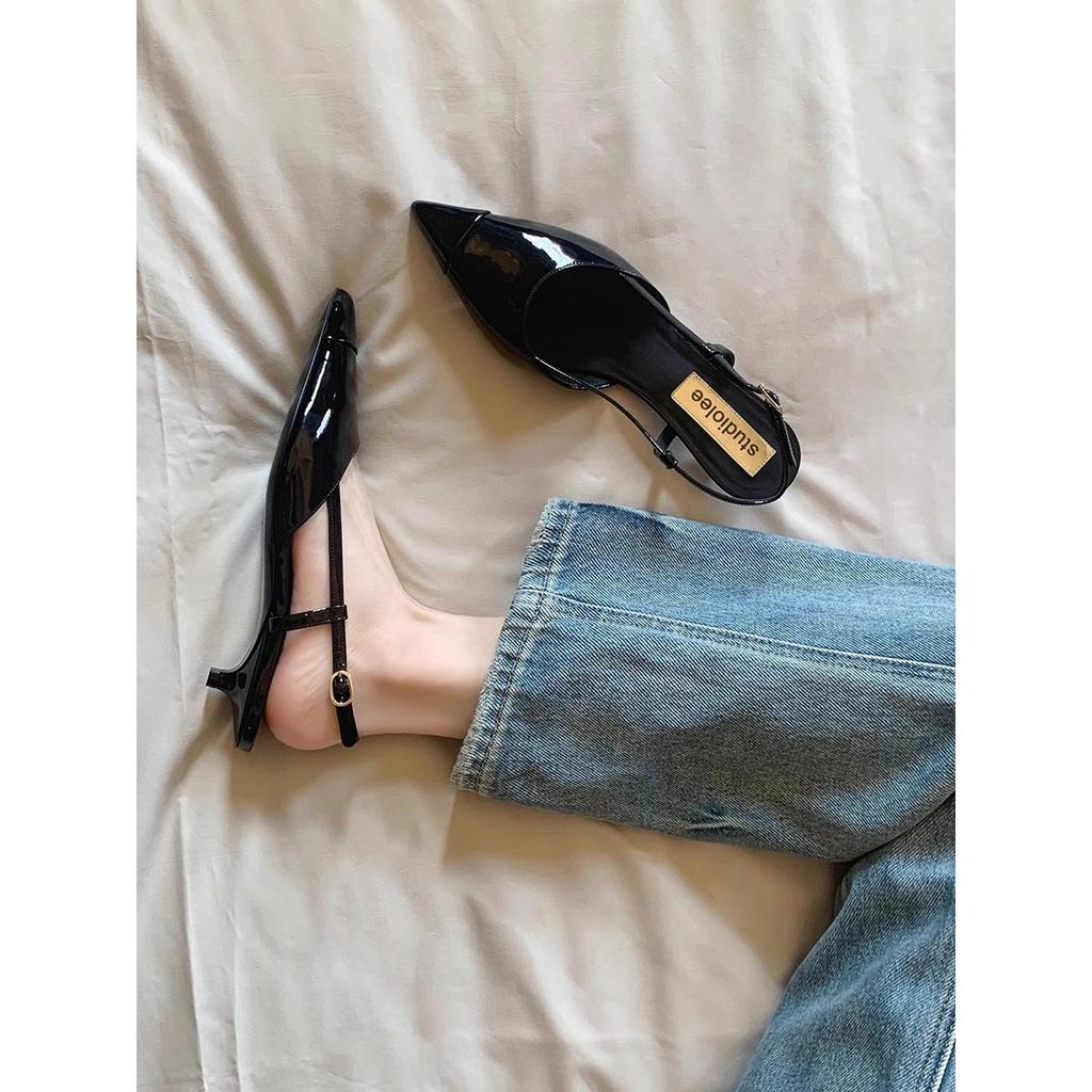 Cowhide new pointed head empty bag head short heel sandals kitten and single shoes women