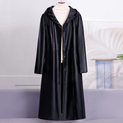 Eleganter langer Trenchcoat aus Kunstleder für Damen, Oberbekleidung mit Kapuze, Kunstschaffelljacke, Damenoberteil