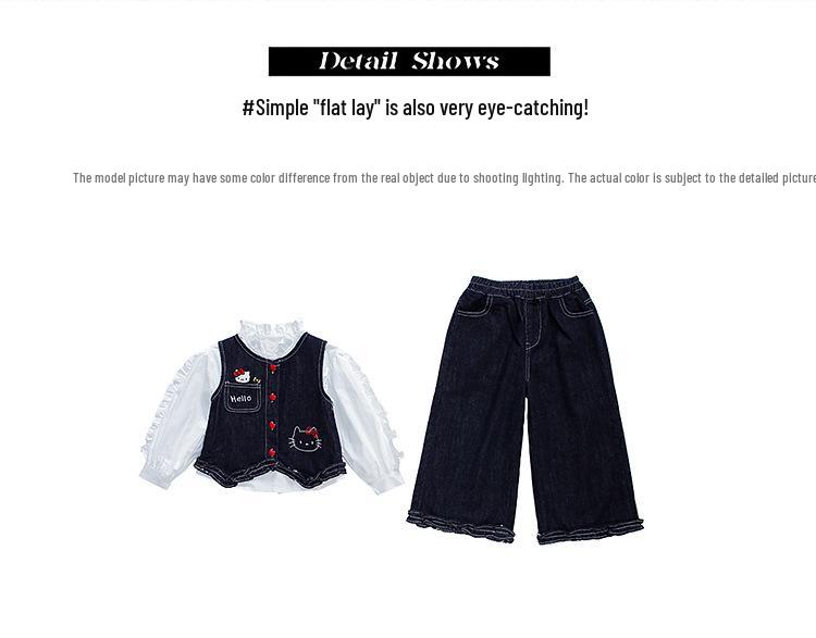 Girls' Cat Embroidered Denim Vest Set - 2025 Autumn Fashion Three-Piece Outfit