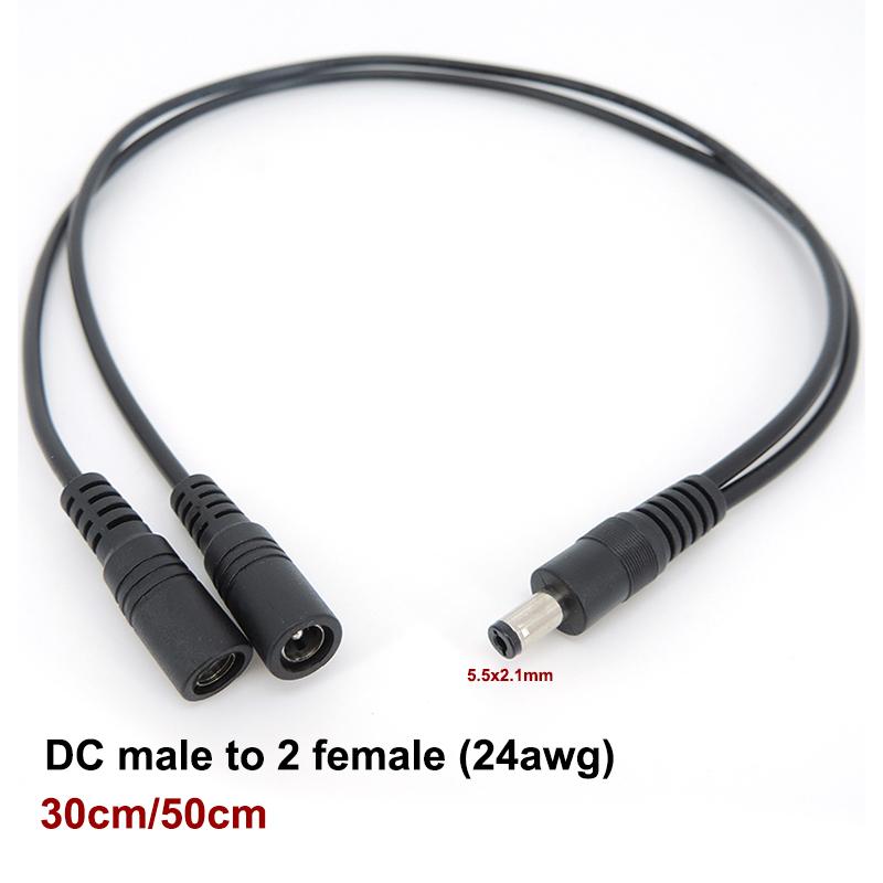 24awg 2 way DC 1 male to 2 female Power Splitter adapter supply Cable cord connector Plug extend for LED strip light 5.5x2.1mm