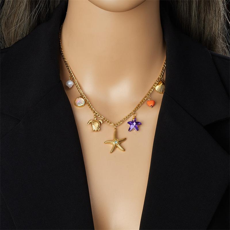 Stainless Steel Sea Animal Starfish Turtle Shell Resin Pendant Necklace Women's Jewelry Accessories