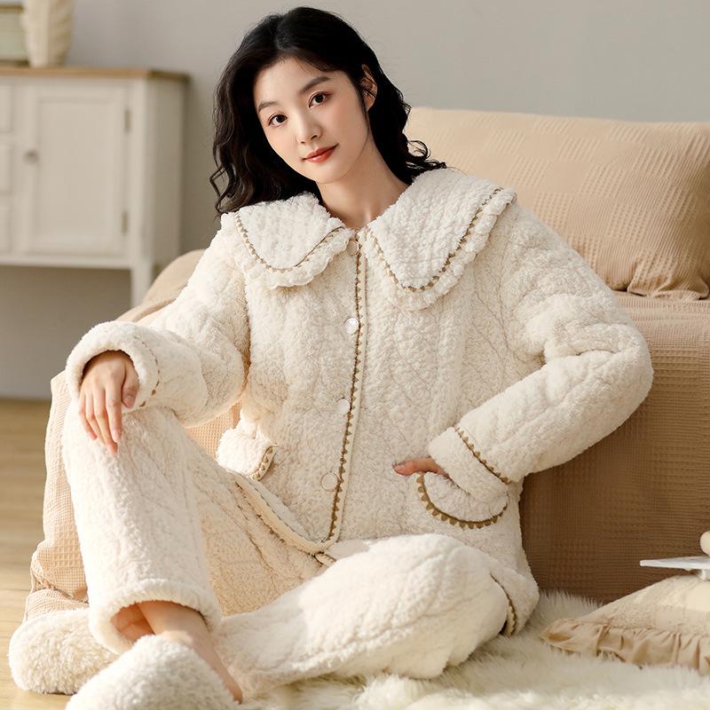 Coral Velvet Quilted Pajamas Women's Winter Three Layer Thick and Fleece Home Wear Women's Winter Flannel Thermal Set