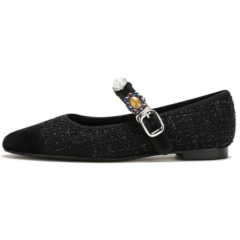 Fashion Women Ballet Flats Fall Low Heel Pumps Knitted Mary Jane Shoes New Design Rhinestone Buckle Flat Shoes Mary Jane Buckle Low-heel