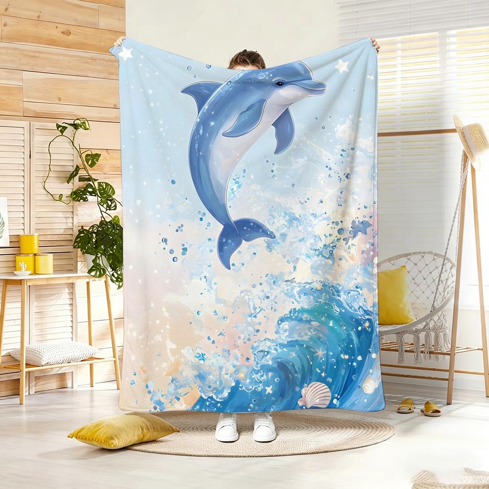 Fantasy Color Cute Dolphin Throw Lightweight 240g Flannel Blanket Soft Skin-friendly for Summer Cooling