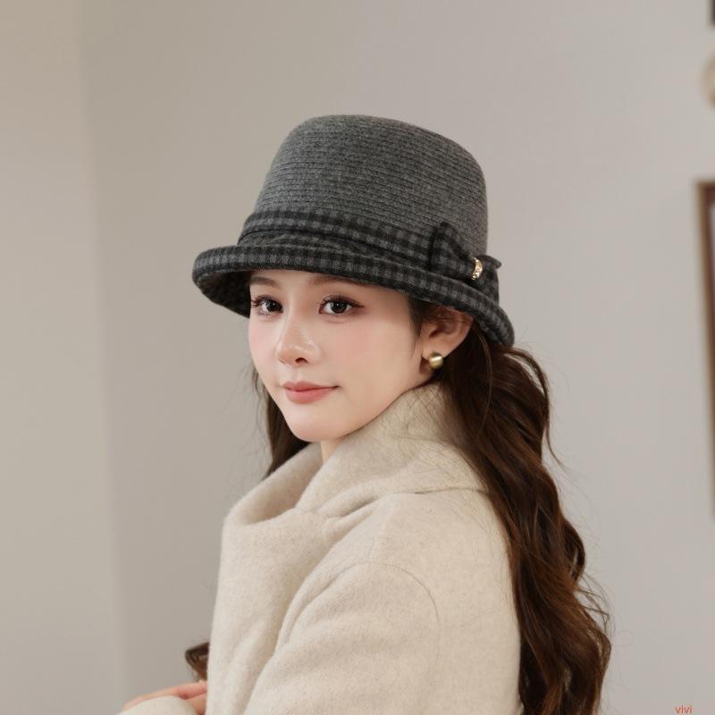 Women's knitted wool crimped basin hat, warm in autumn and winter, middle-aged and elderly small flower top hat, plaid mother bucket hat