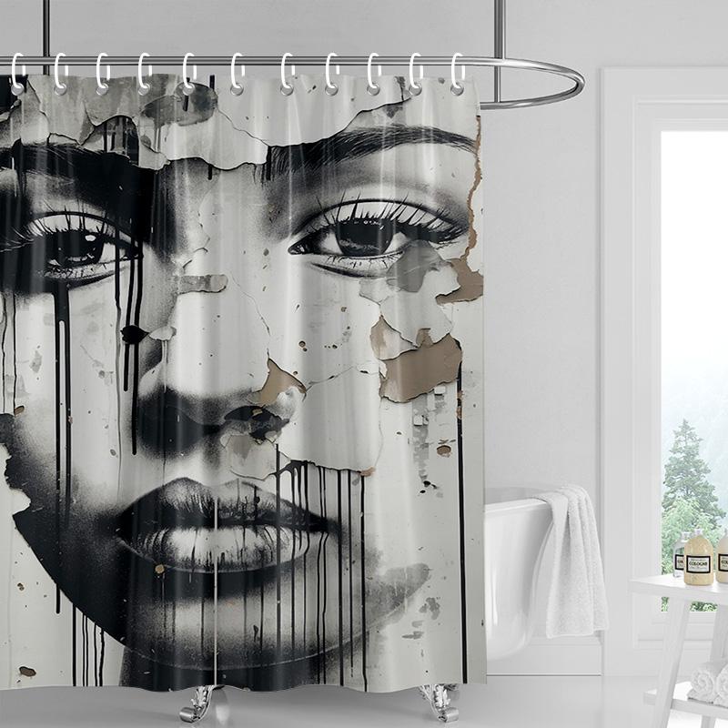 

Vintage portrait shower curtain-black and white with orange decoration, distressed texture bathtub shower curtain 90x180cm