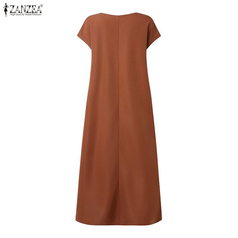 ZANZEA Women Casual V-Neck Solid Color Short Sleeve Long Dress