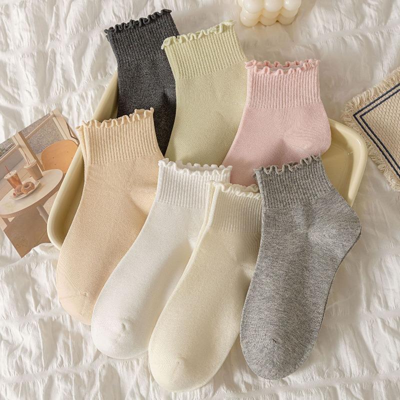 Women's Cotton Boneless Spring and Autumn Socks with Black Fungus Edges, Sweat-absorbing Lace Mid-calf Socks, Solid Color Socks