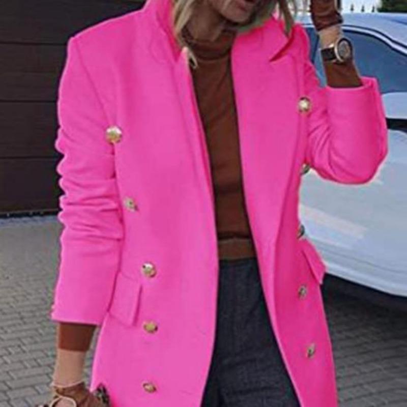 Women Autumn Winter Length Woolen Coat Double Breasted Pockets Solid Color Outwear Streetwear