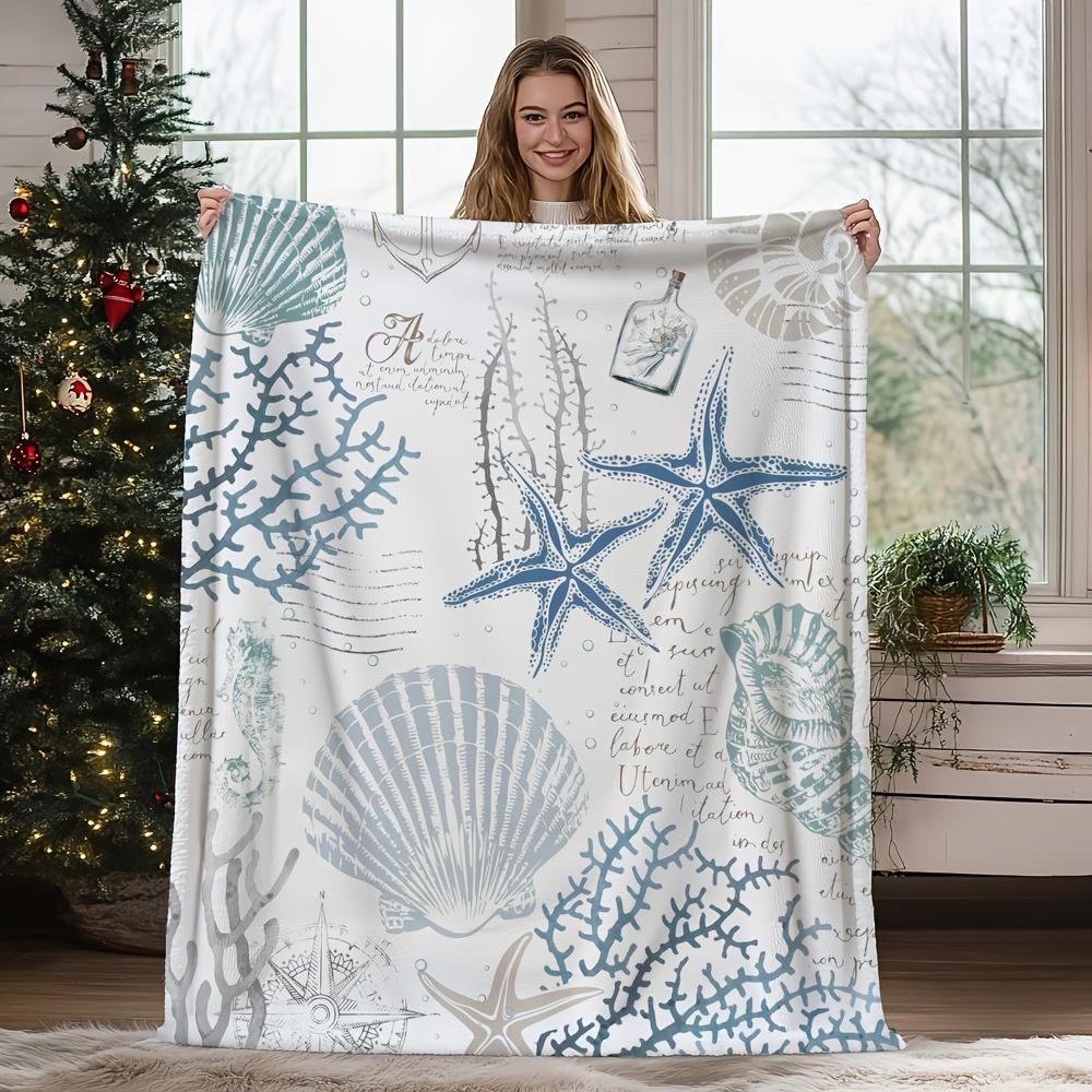 

[Vintage Nautical Blanket] Lightweight Blue And Teal Plush Blanket | Vintage Nautical Starfish And Shell Blanket - Hypoallergeni 70x100cm