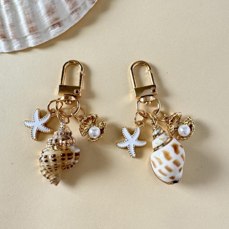 Oceanic Shell Alloy Keychain Pearls Accent Lightweight Versatile Purse Charm Jewelry Multi Functional Accessory