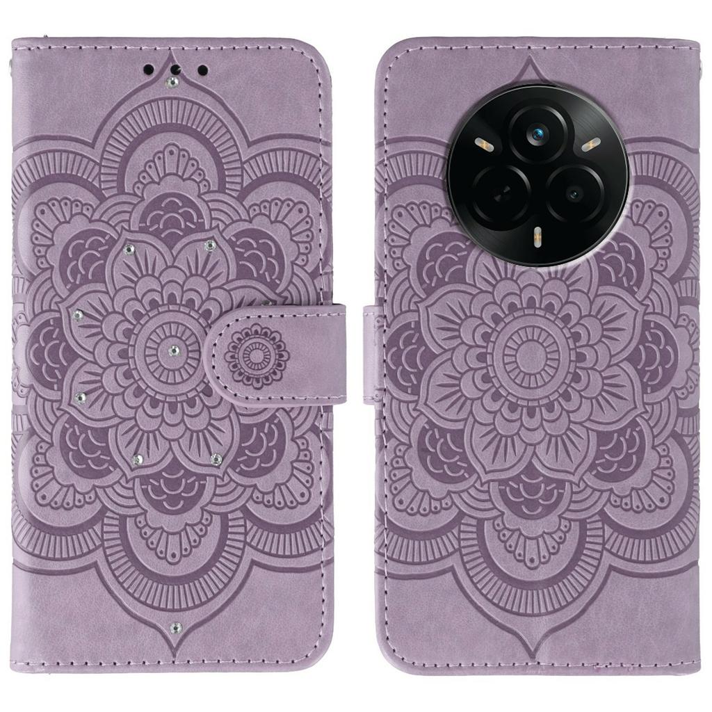 For Realme 14 Pro 5G Case Rhinestone Decor PU Leather Mandala Imprinted Design Phone Cover with Wrist Strap