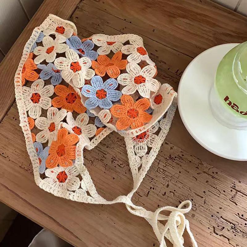 Französischer gestrickter Dreieckschal-Stirnband für Frauen, hohle Blume, koreanisches Haarband, Turban, Bandana, Headwarp, Haarschmuck