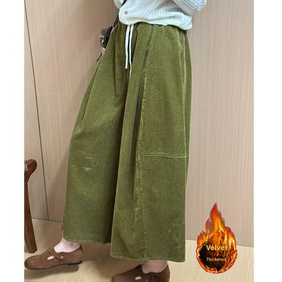 Autumn Winter Korean Style Fleece-Lined Warm Loose Fit Slimming Casual Pants for Women Wide Leg Corduroy