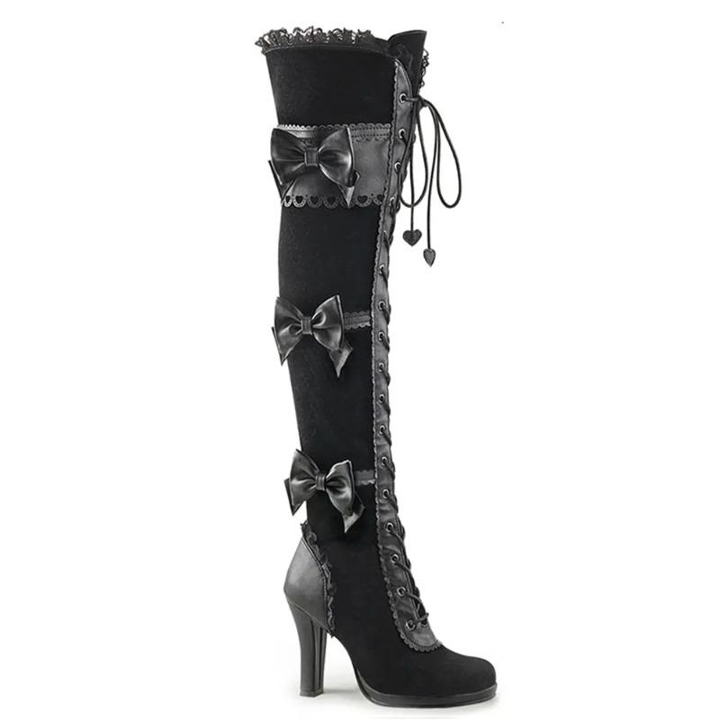 Fashion 2025 Big Size 43 Women's Black Goth Over knee Boots Lace Up Retro Gothic Black High Heels Boots Vampire witch Cosplay Shoes Bow