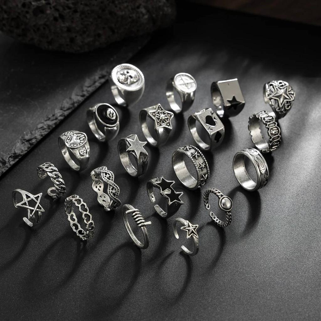 SHIXIN 20Pcs/Set Punk Geometric Stars Rings Men Hip Hop Stackable Silver Color Knuckle Rings Set Male Jewelry Accessories