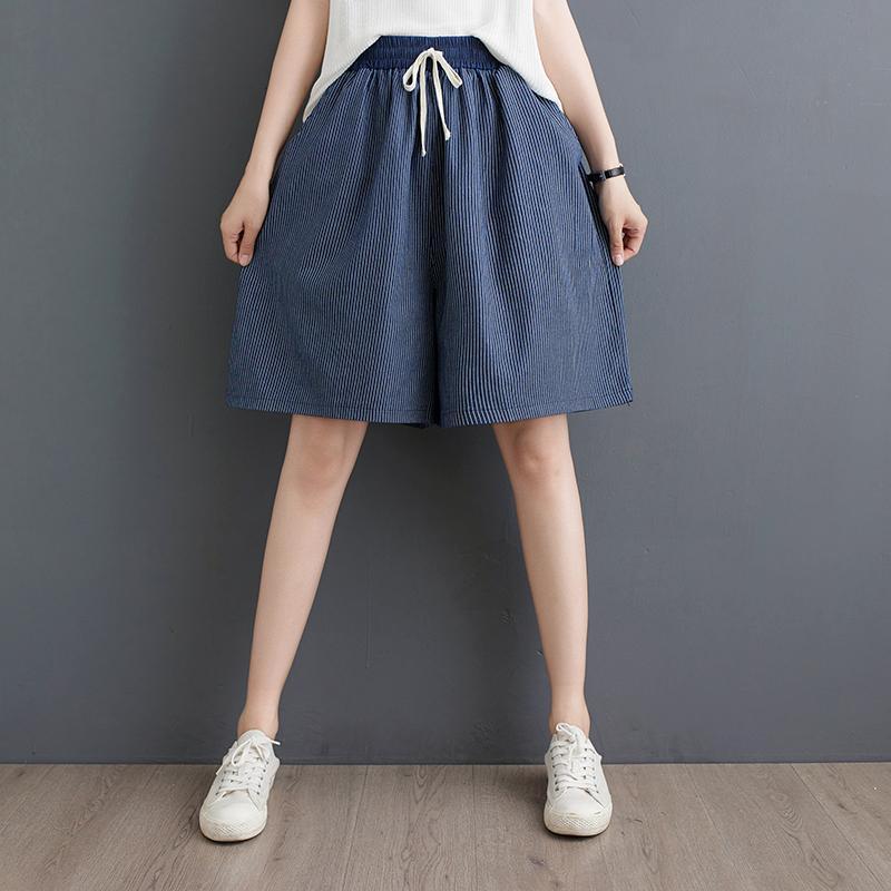 

Dimanaf 2024 летние шорты больших размеров, женские базовые брюки, повседневные широкие брюки, полосатые хлопковые свободные брюки с эластичной резинкой на талии One Size чёрный