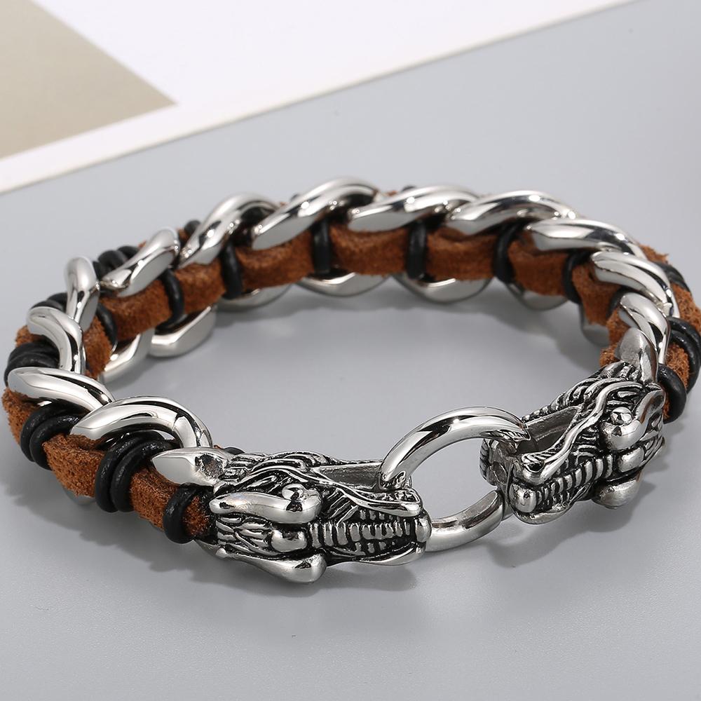 Pulsera Punk de Cuero Trenzado Lobo para Hombre Pulseras con Encanto de Mano para Hombre con Forma de Cabezas de Cráneo de Dragón Joyería de Acero Inoxidable de Lujo Gótico