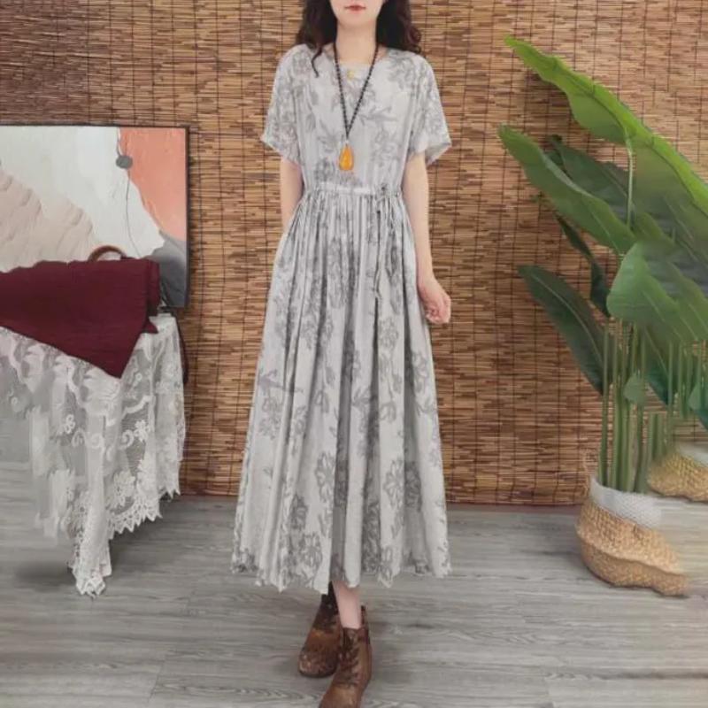 

Women s Gray Floral Print Short Sleeve Maxi Elastic Waist Loose Casual Boho Dress M