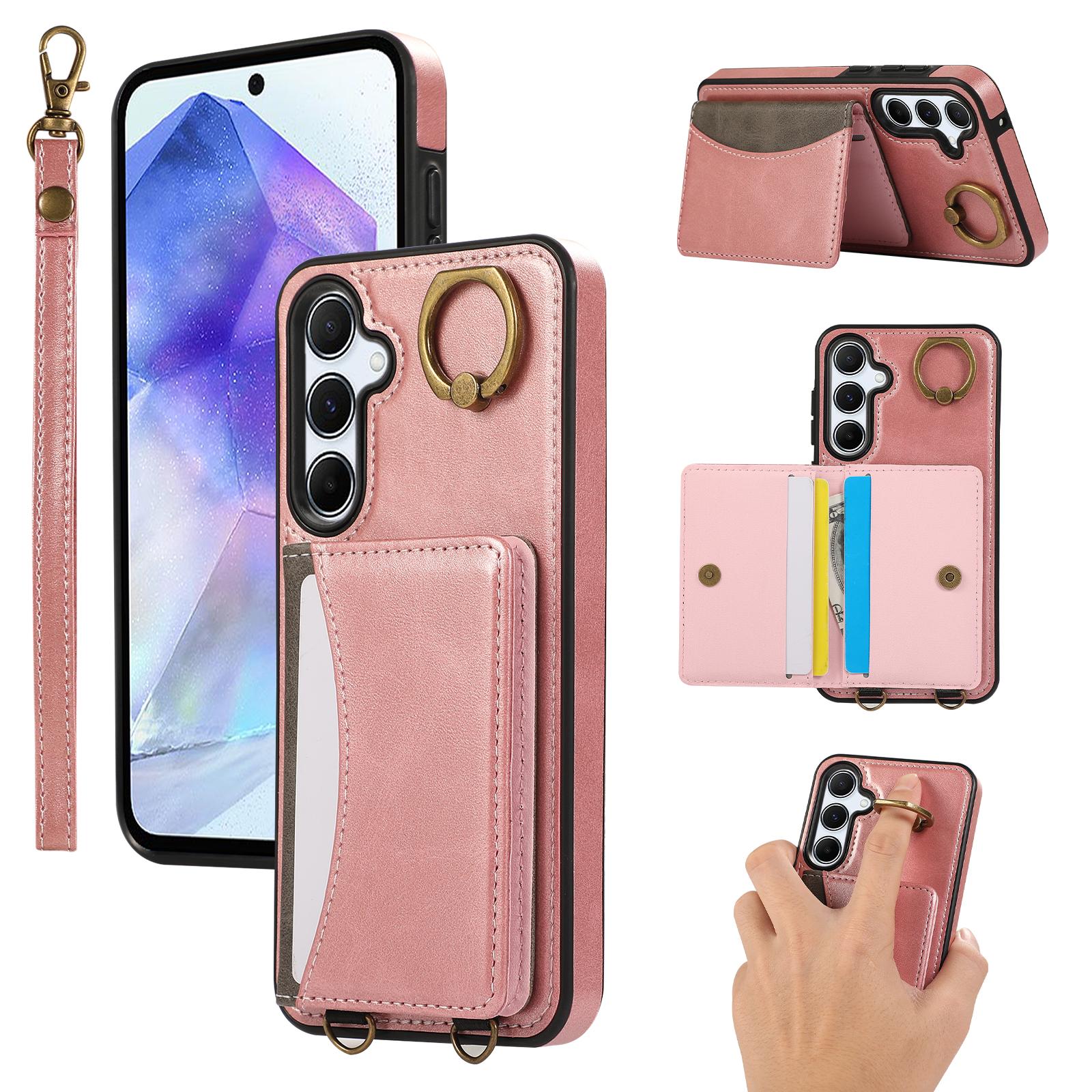 

Для Samsung Galaxy A55 5G Задня кришка з ПУ шкіри з тримачем для карток, підставкою та ремінцем на зап ястя Pink