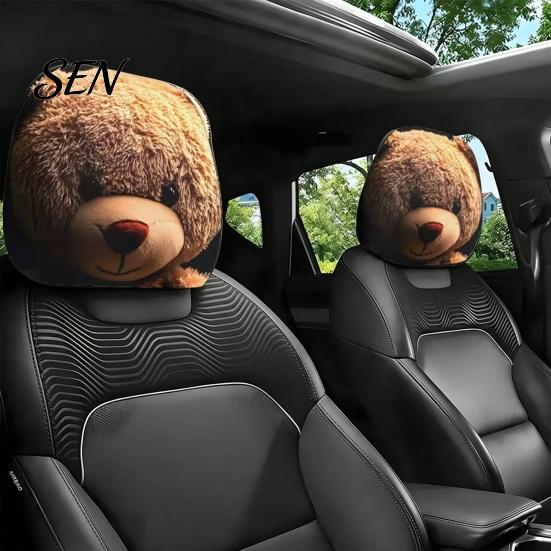 Cartoon Graphic Headrest Protectors Zipper Bear Car Cover, 2D Flat Print Cute Seat Humorous Accessories Protector, Universal Breathable Auto Interior