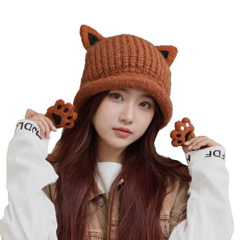 New cat ear knitted wool hat women's autumn and winter cold and warm ear protection hat casual versatile cute cat claw big head circumference