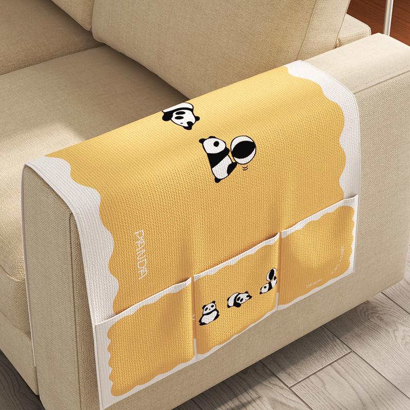 

Yellow sofa armrest towel Four season universal cartoon panda pattern sofa side cushion Simple dustproof handle cover cloth 40x110cm Two pockets