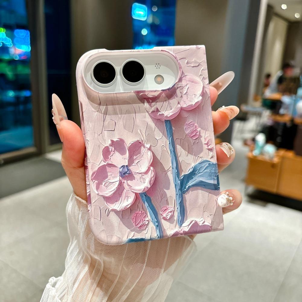 Luxury 3D Embossed Watercolor Floral Phone Case For IPhone DUO 18 Fold Fabric Wrist Strap Aesthetic Trendy Shockproof Anti Scratch Protection Cover