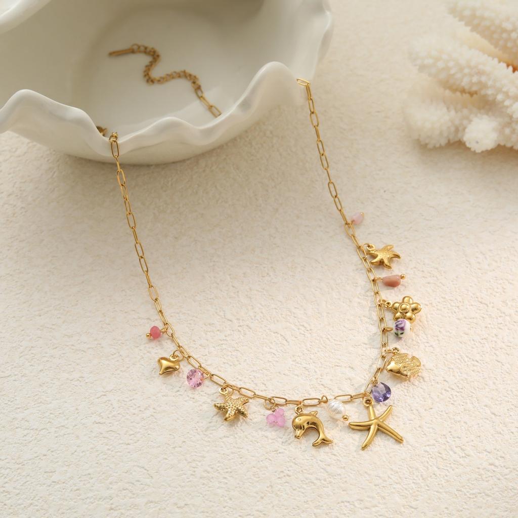 GEMCHIC Women's Ocean Style Shell Starfish Seahorse Bracelet Necklace Set Gold Plated Titanium Steel Jewelry