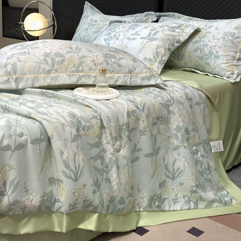 Summer Cool Tencel Quilt Set 4 Piece Includes Summer Blanket Bed Sheet Two Pillowcases Silk Lightweight Quilt For Double Twin Size