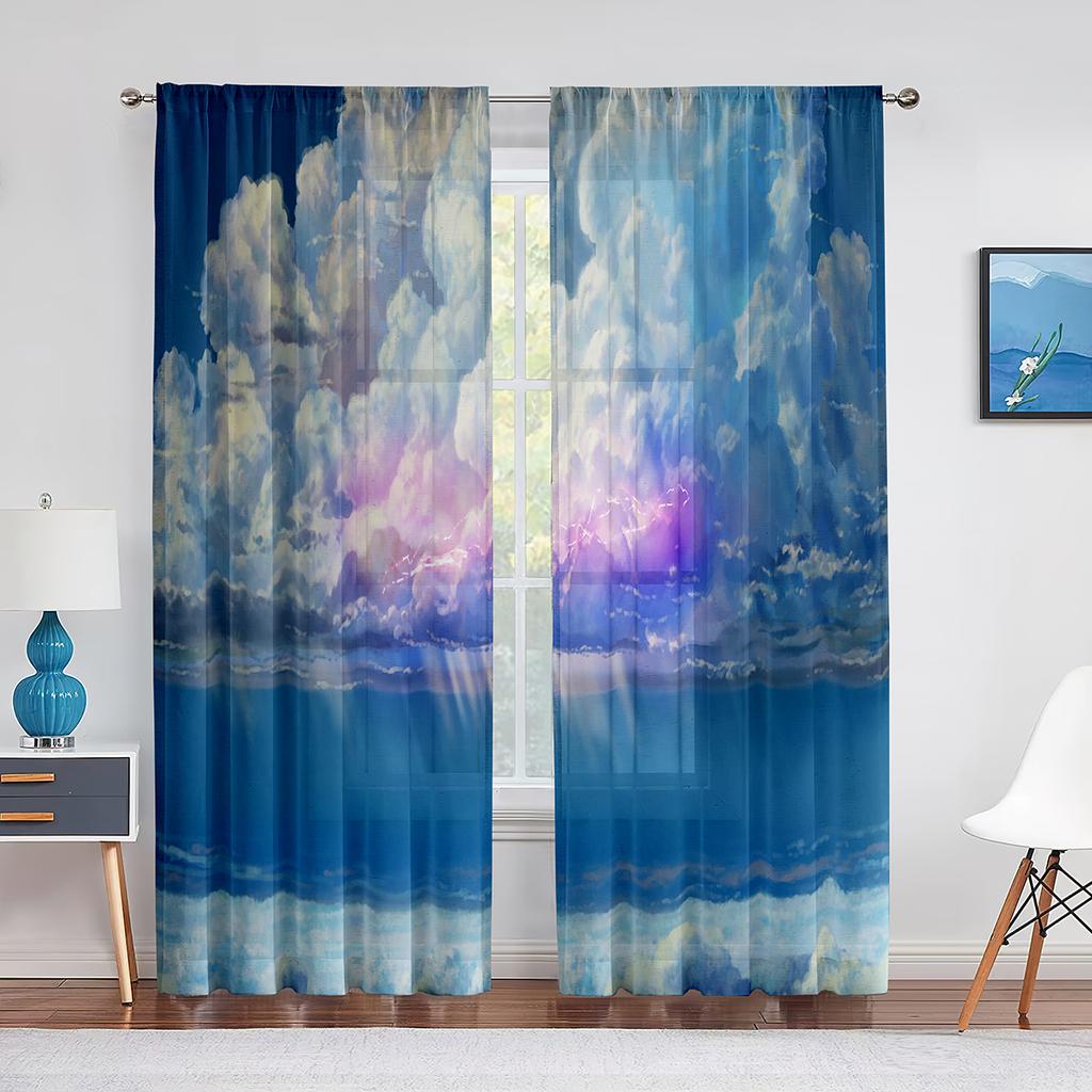 Fantasy Clouds Pink Purple Blue Tulle Curtains for Living Room Decorations Chiffon Sheer Voile Kitchen Bedroom Curtain Drapes