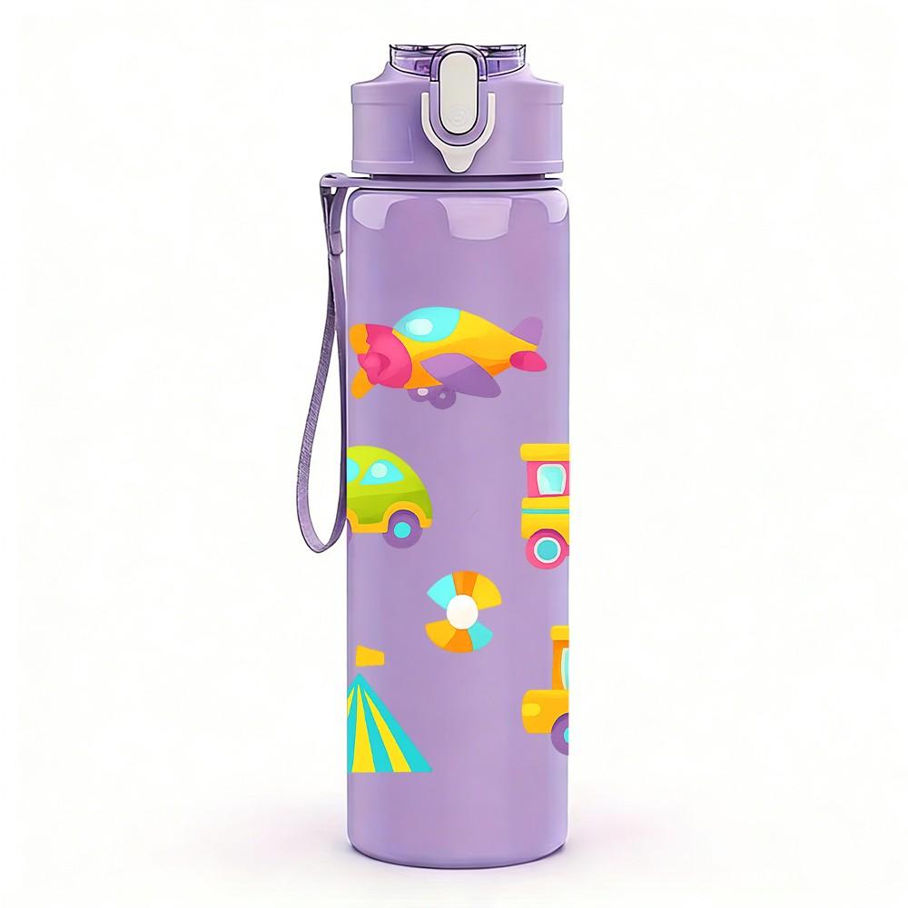 1PC Colorful Toy Vehicle Pattern 750ml Color Plastic Sports Water Bottle Leakproof Flip Straw Lid Suitable for Sports Office Home Use